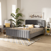 Baxton Studio CF0374-Light Grey-Full Nami Modern Contemporary Glam and Luxe Light Grey Velvet Fabric Upholstered and Gold Finished Full Size Platform Bed